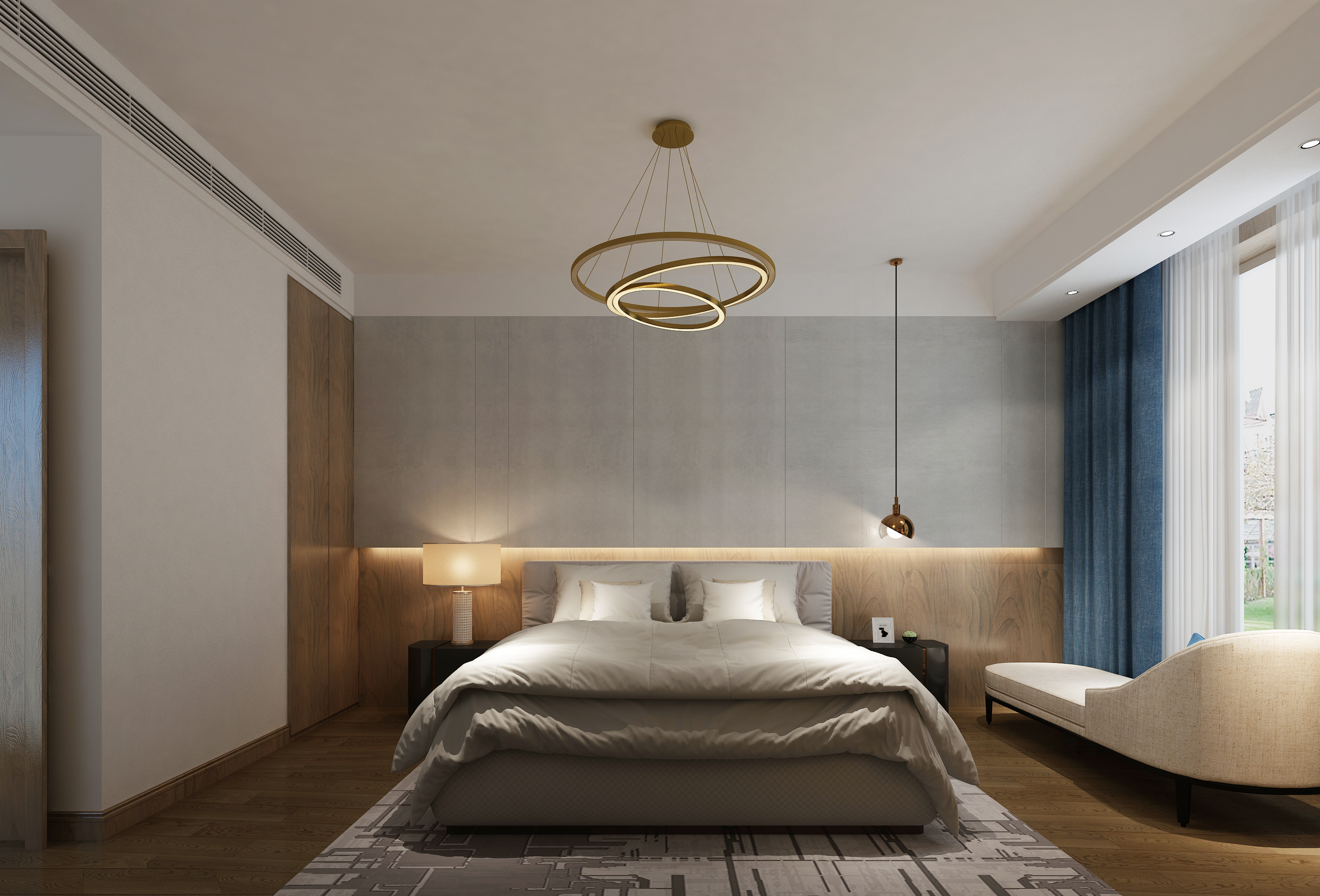 主卧床头背景墙考虑嵌入式灯带,明亮又比较温馨.